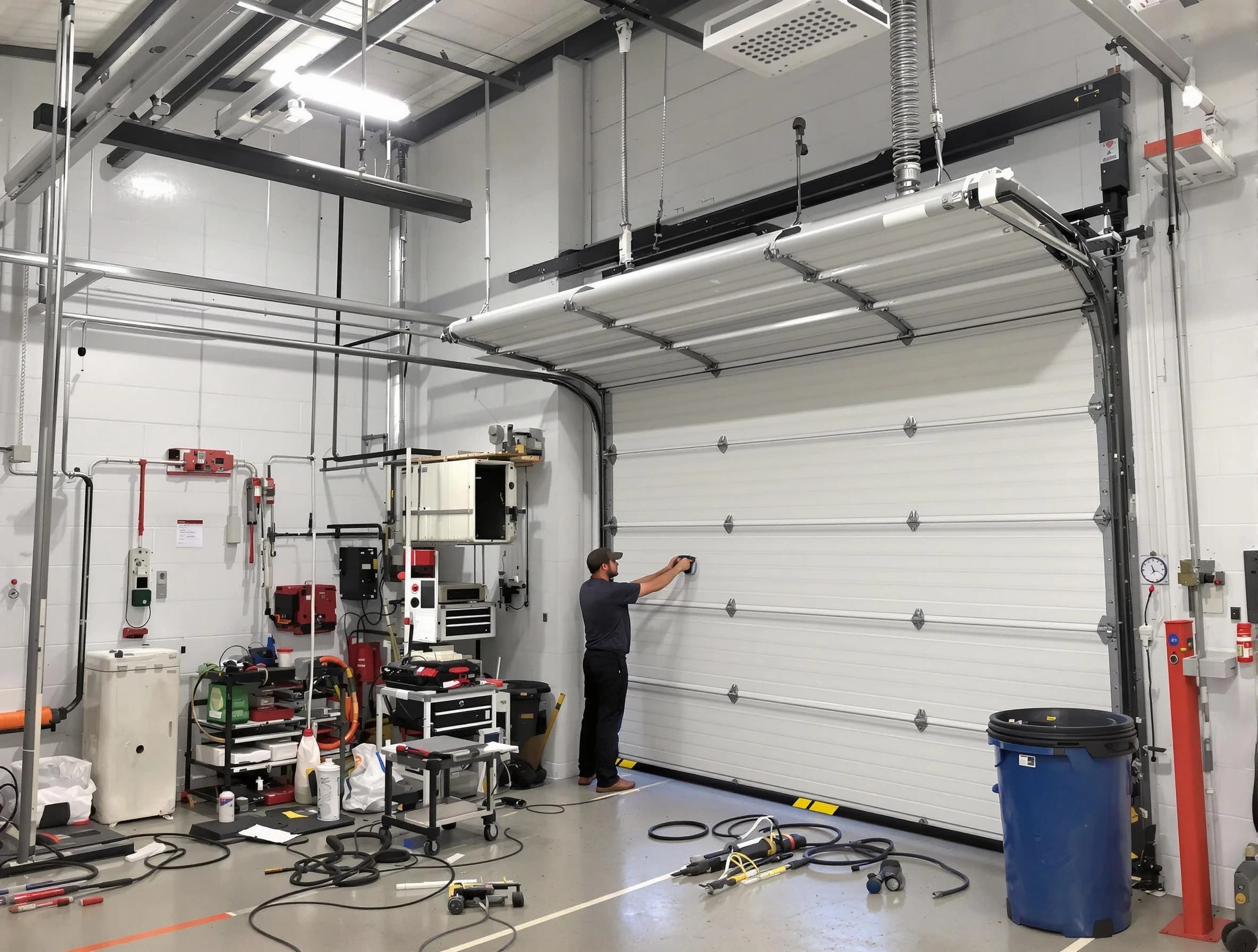Evans Garage Door Repair certified technician performing commercial door repair at a Evans business facility