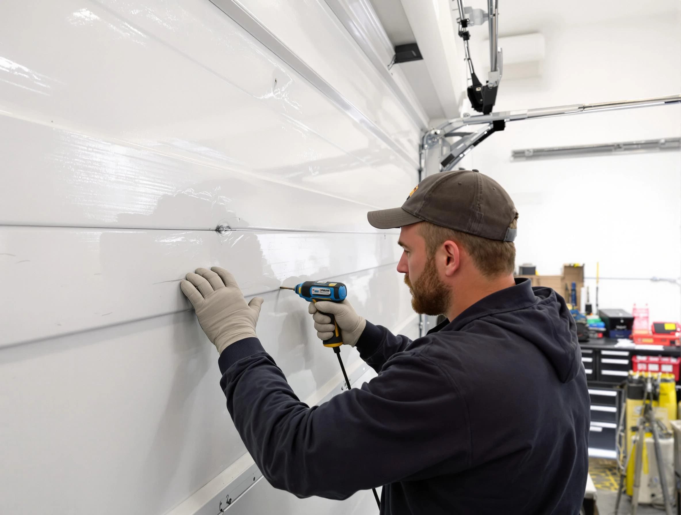 Evans Garage Door Repair technician demonstrating precision dent removal techniques on a Evans garage door