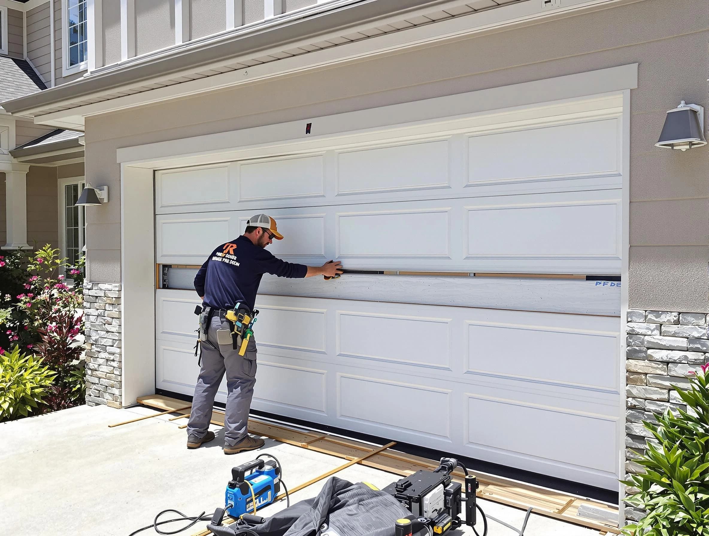 Evans Garage Door Repair team performing complete garage door replacement at Evans residence