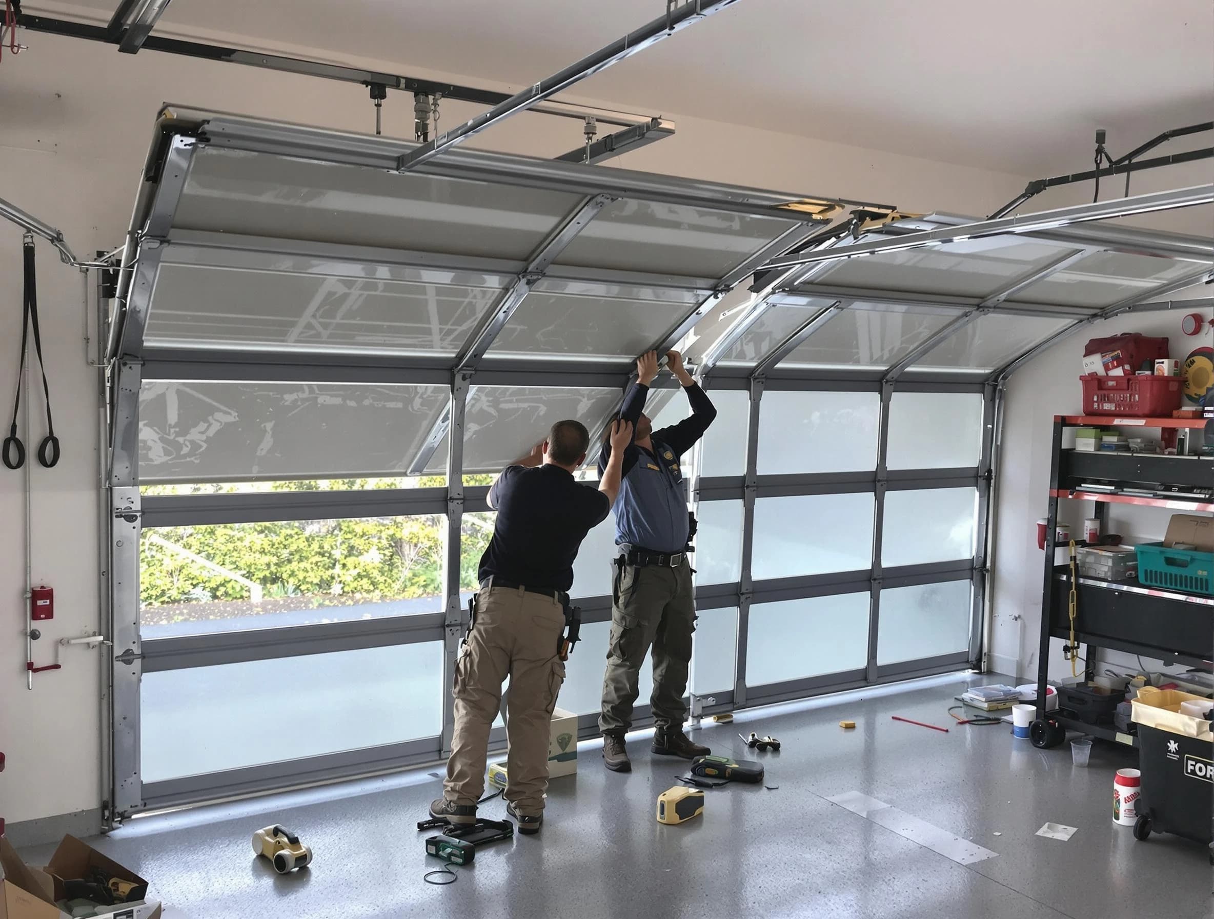 Evans Garage Door Repair expert performing precise panel replacement on Evans garage door