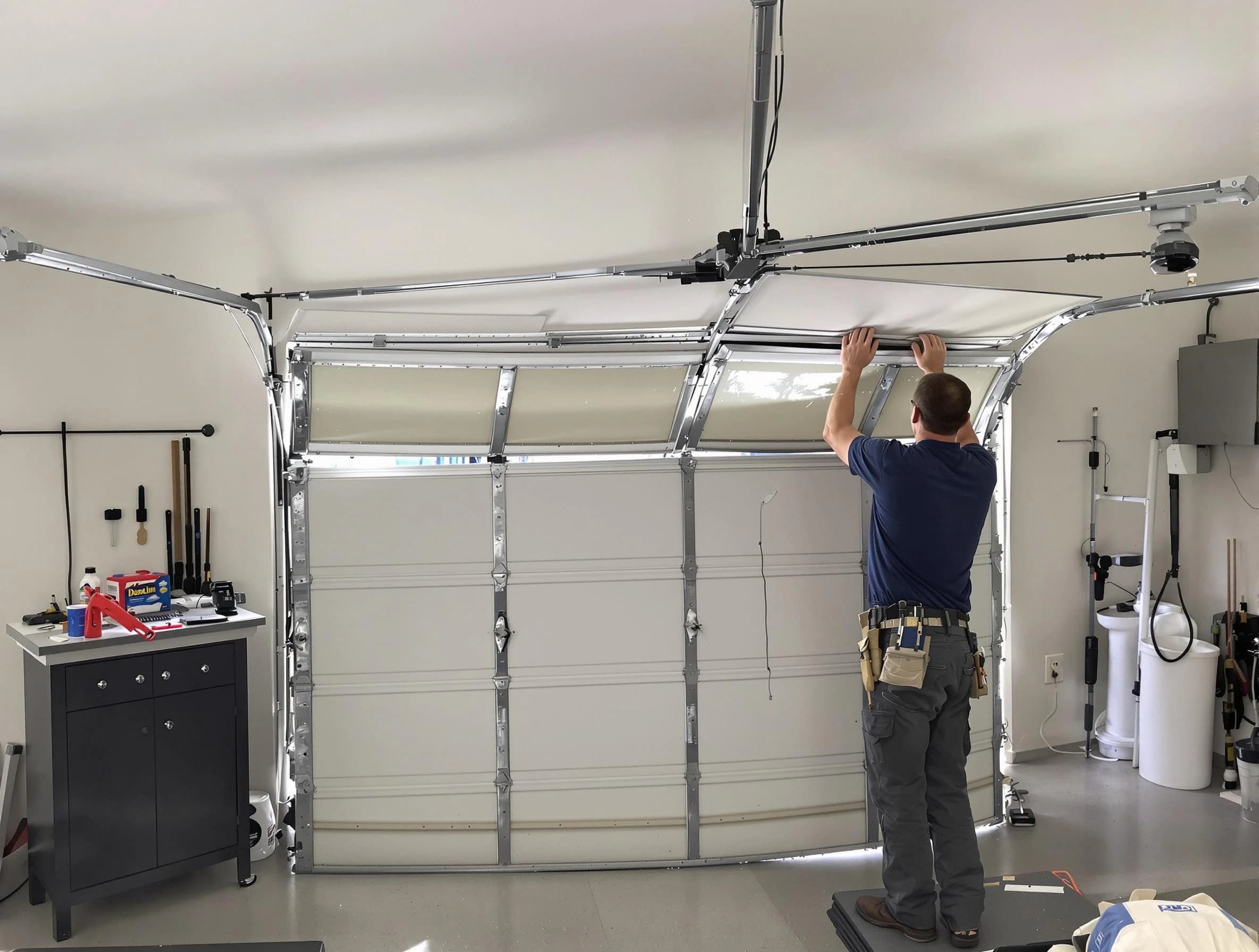 Evans Garage Door Repair specialist performing precise section replacement on Evans garage door