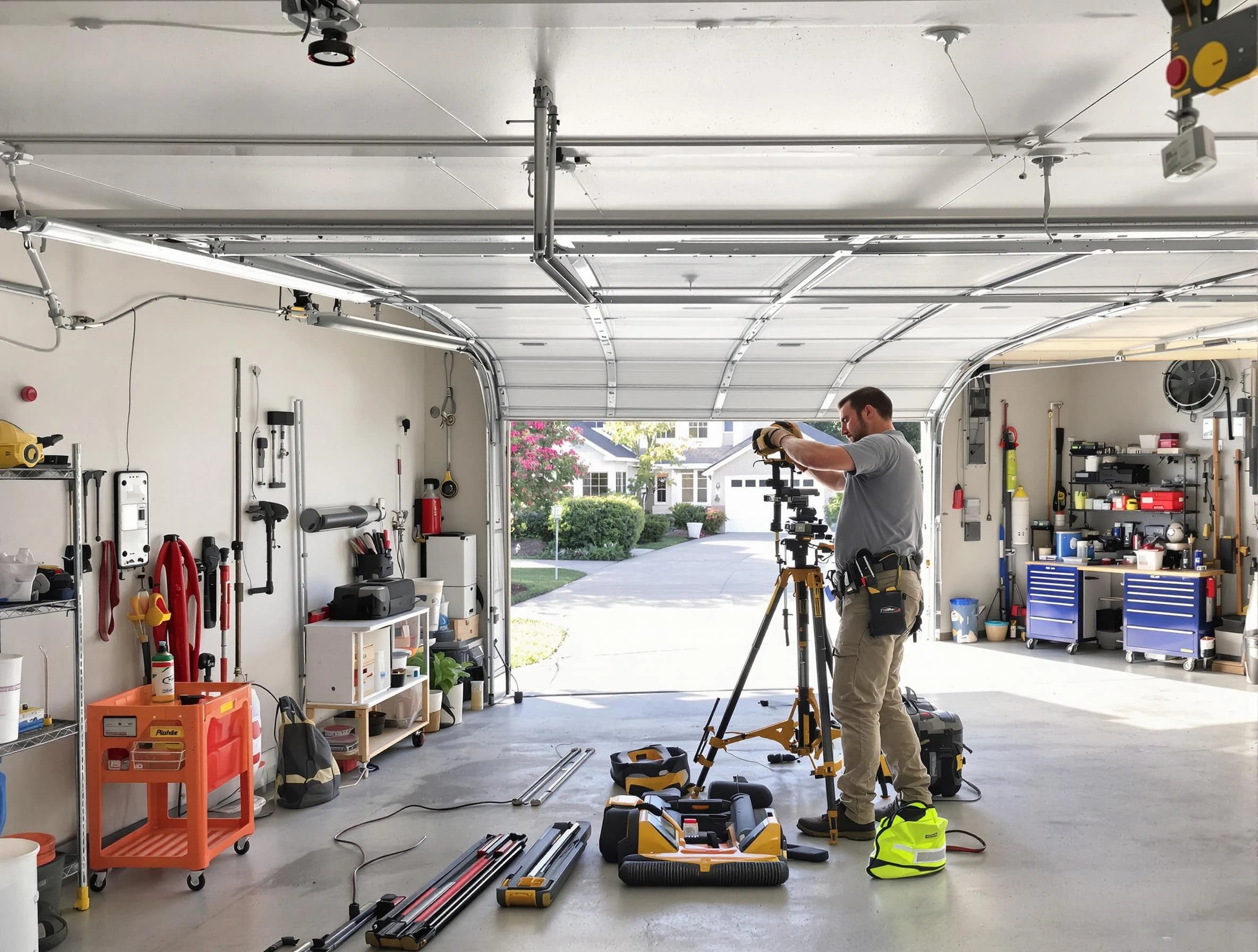Evans Garage Door Repair specialist performing laser-guided track alignment in Evans