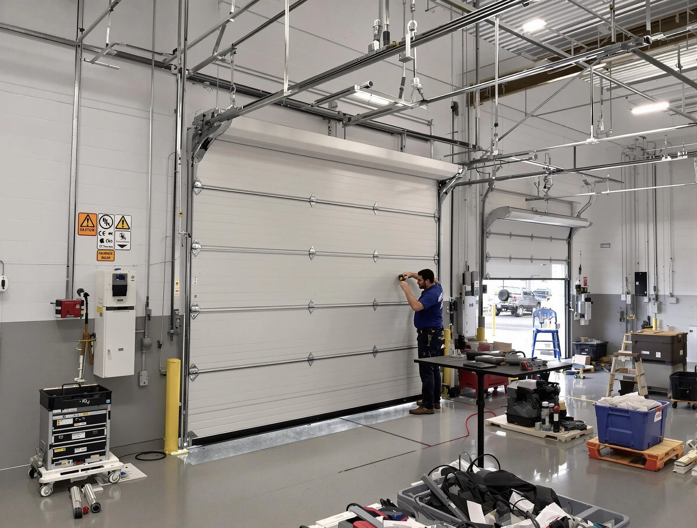 Commercial garage door repair being performed by Evans Garage Door Repair expert in Evans