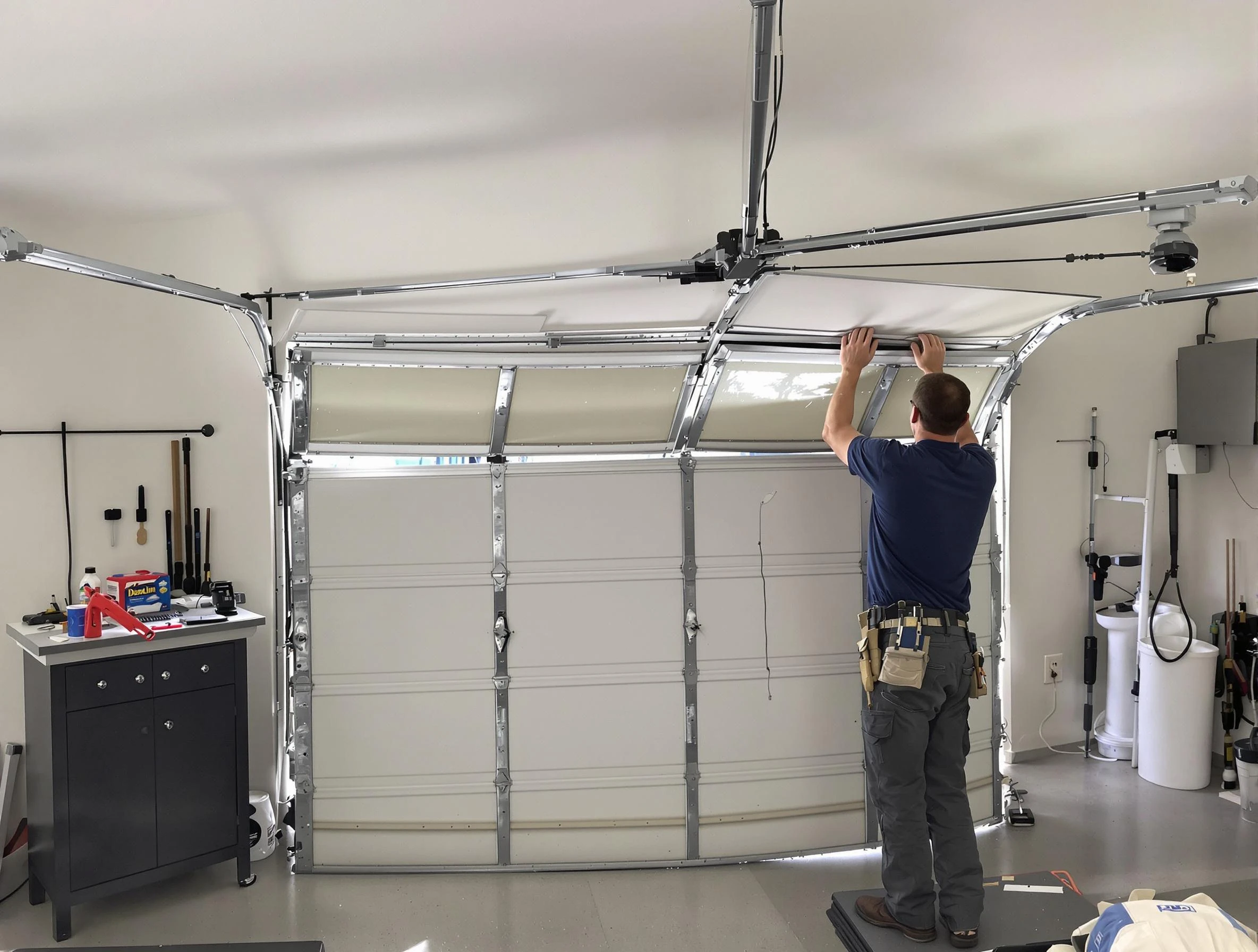 Evans Garage Door Repair specialist performing precise section replacement on Evans garage door